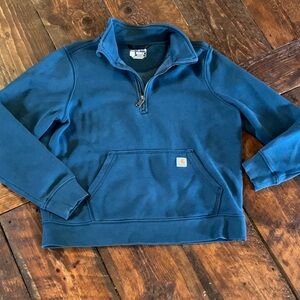 Carhartt Teal Blue Work sweater quarter zip with Logo Patch and pockets